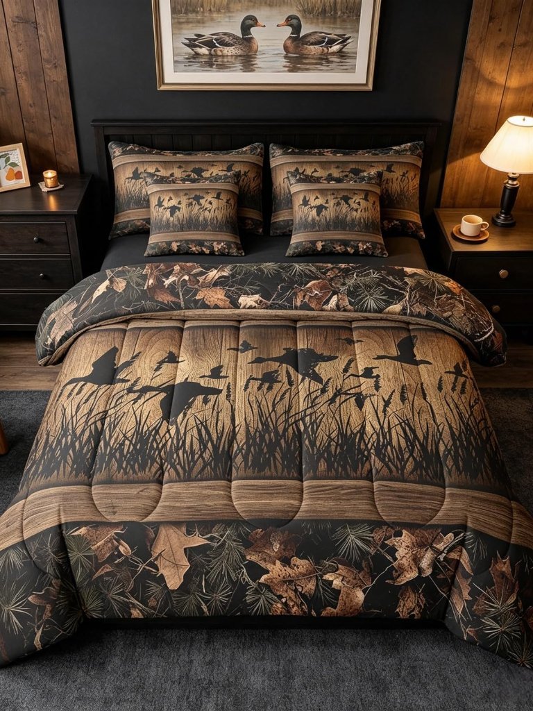 7 Piece Camo Mallard Duck Comforter Set With Sheets For Kids Boys Men Rustic Far